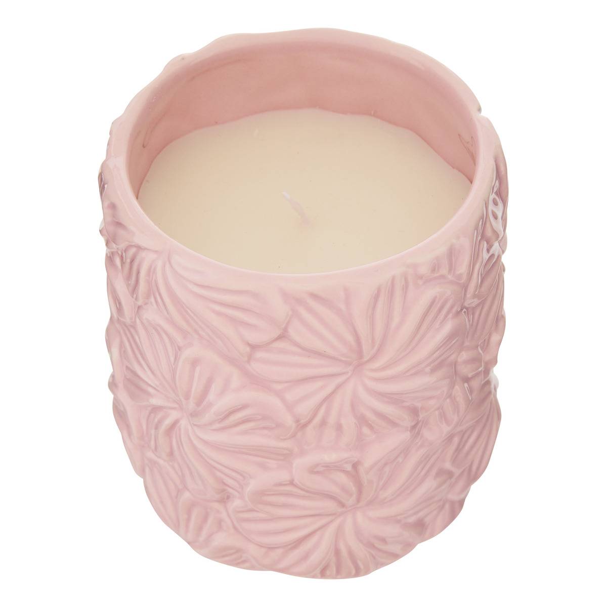 Bougie parfumée pot en céramique à relief FLEUR DE ROSE modèle b, ATMOSPHERA