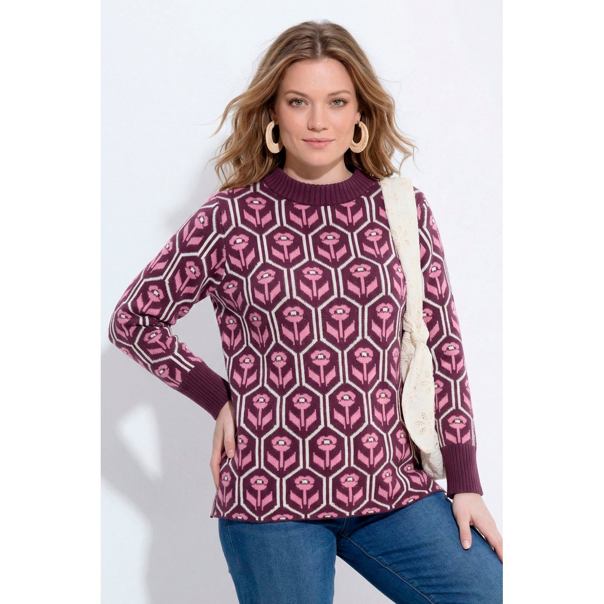 Pull en coton bio, motif à fleurs bordeaux, ULLA POPKEN