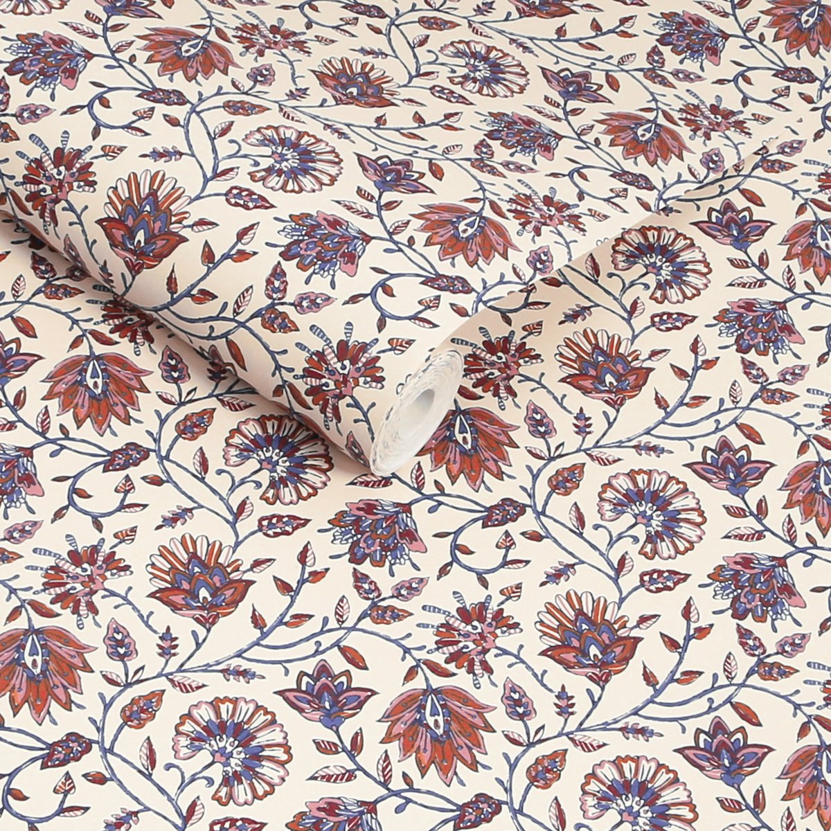 Papier peint fleurs indiennes bleu, corail, rose, JOULES