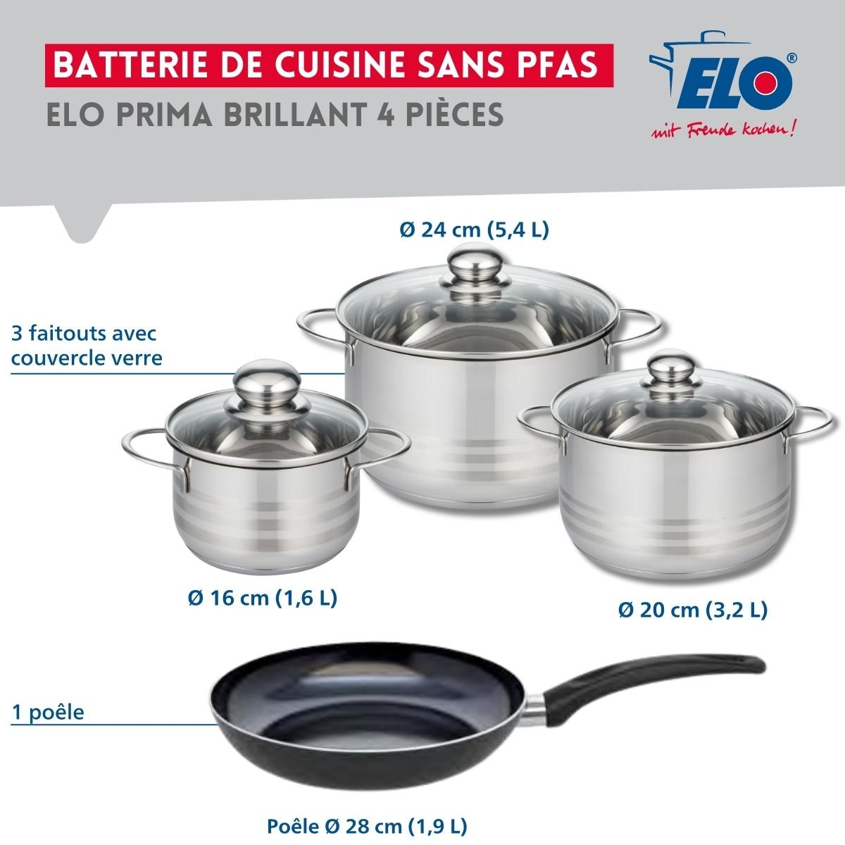 Batterie 1 poêle 28cm + 3 faitouts 16/20/24cm PRIMA BRILLANT noir, ELO