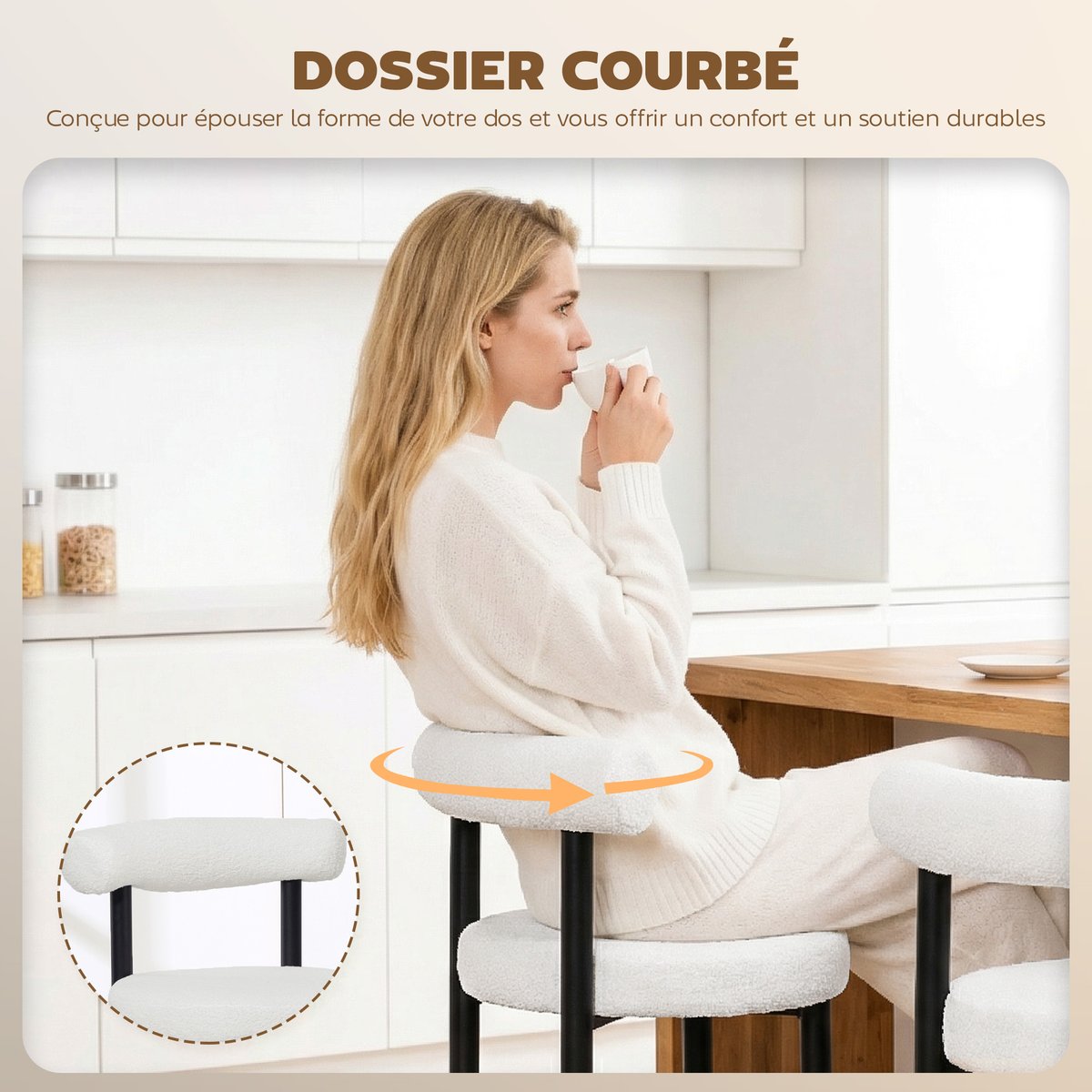 Tabouret de bar Tissu bouclette Blanc blanc, noir, HOMCOM