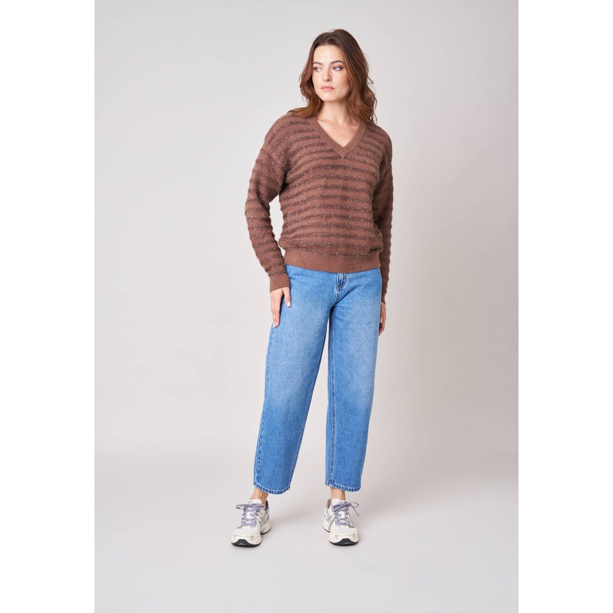 Pull femme ample duveteux rayures brillantes MILIENA marron clair, DEELUXE
