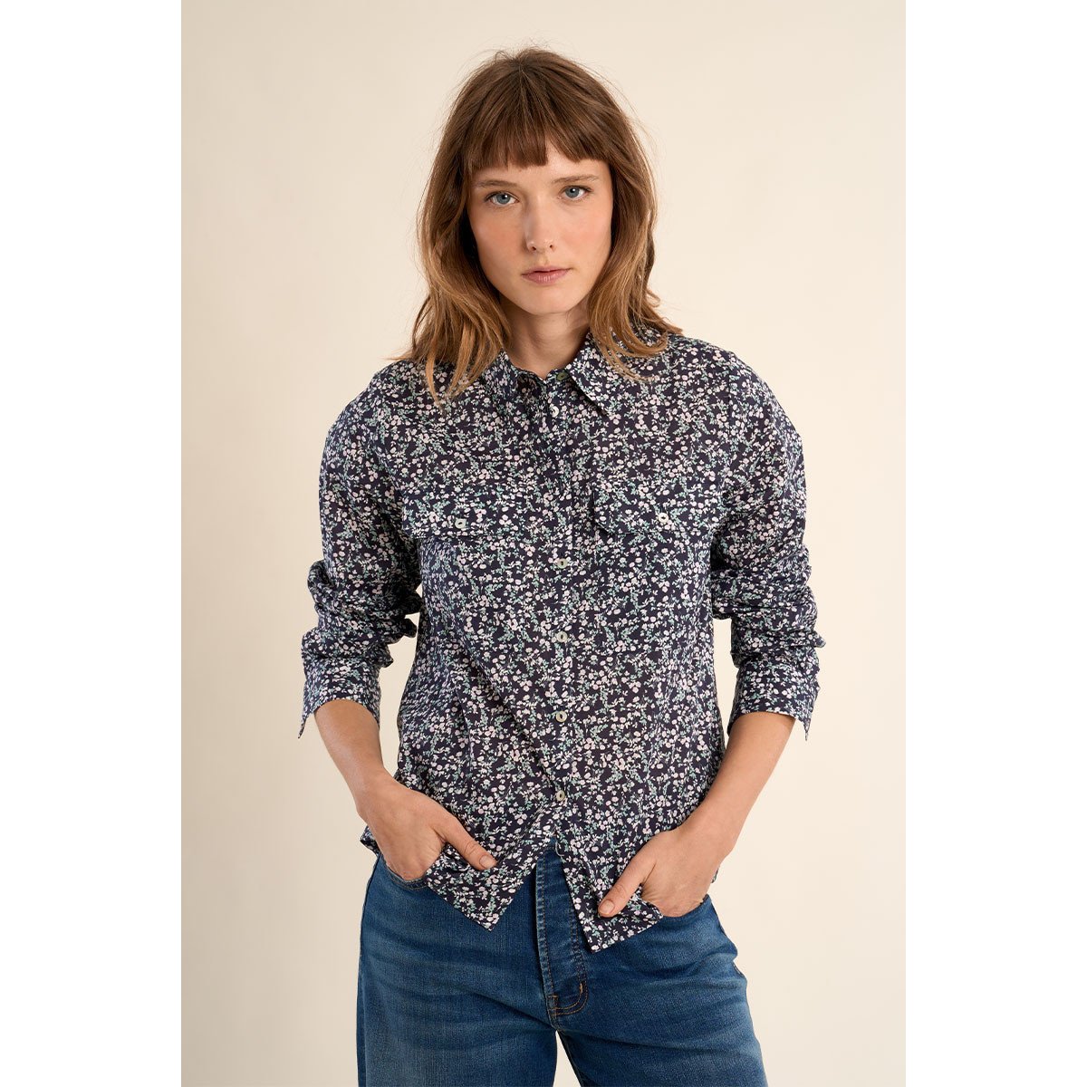 Chemise imprimée en coton, poches à rabats navy daisy, MOLLY BRACKEN