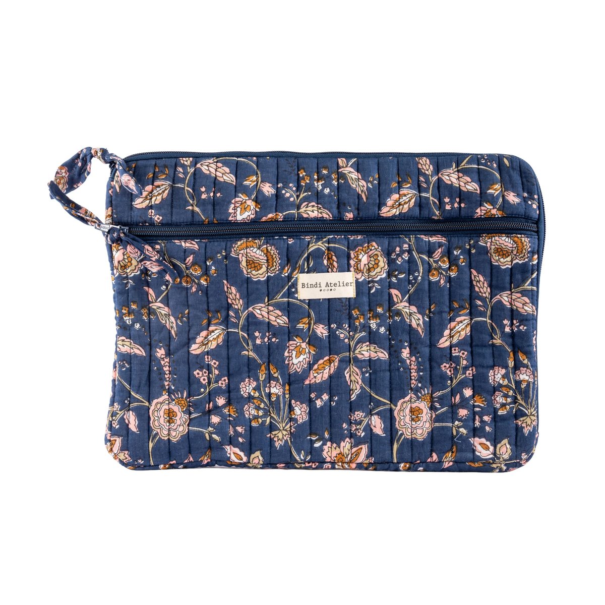 Pochette d'ordinateur en coton matelassé 15 pouces bleu nuit, BINDI ATELIER