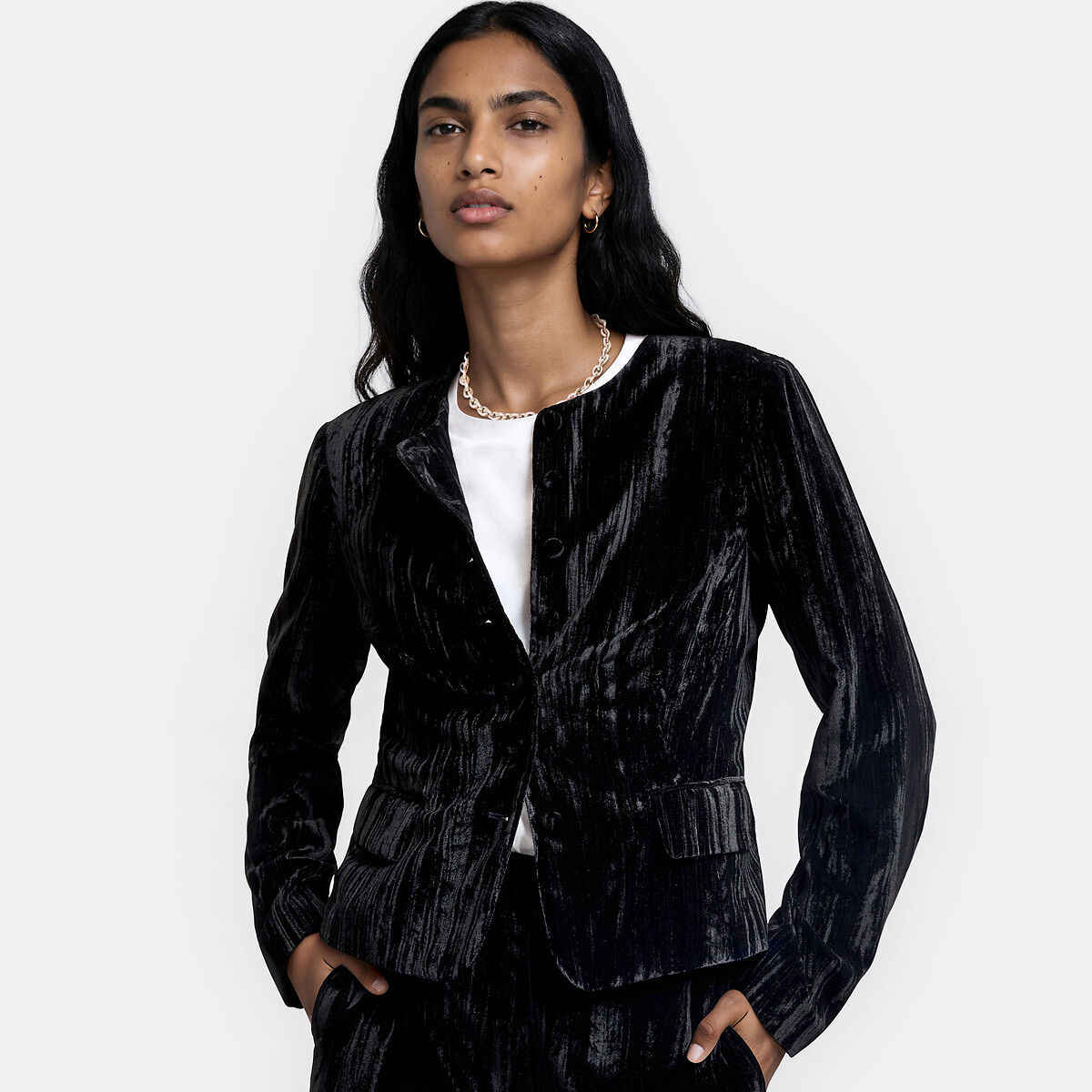 Casaco curto, de gola redonda, em veludo martelado preto , LA REDOUTE COLLECTIONS