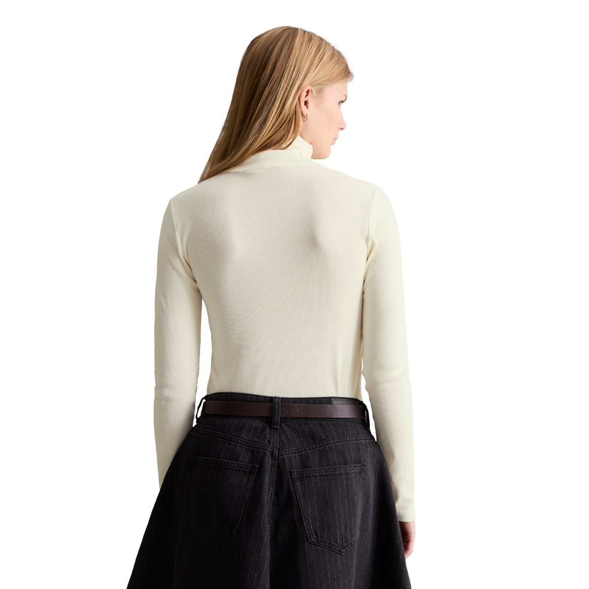 T-shirt long à col roulé slim en jersey côtelé doux beige, MARC O’POLO DENIM