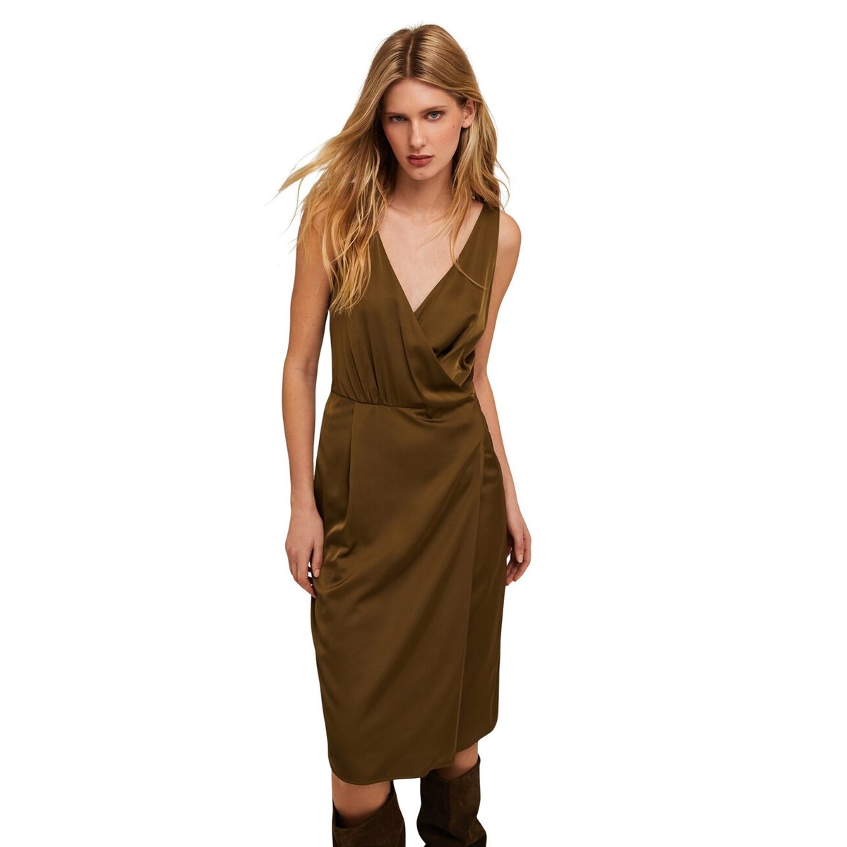 Robe courte en satin à encolure croisée verde militare, MOTIVI