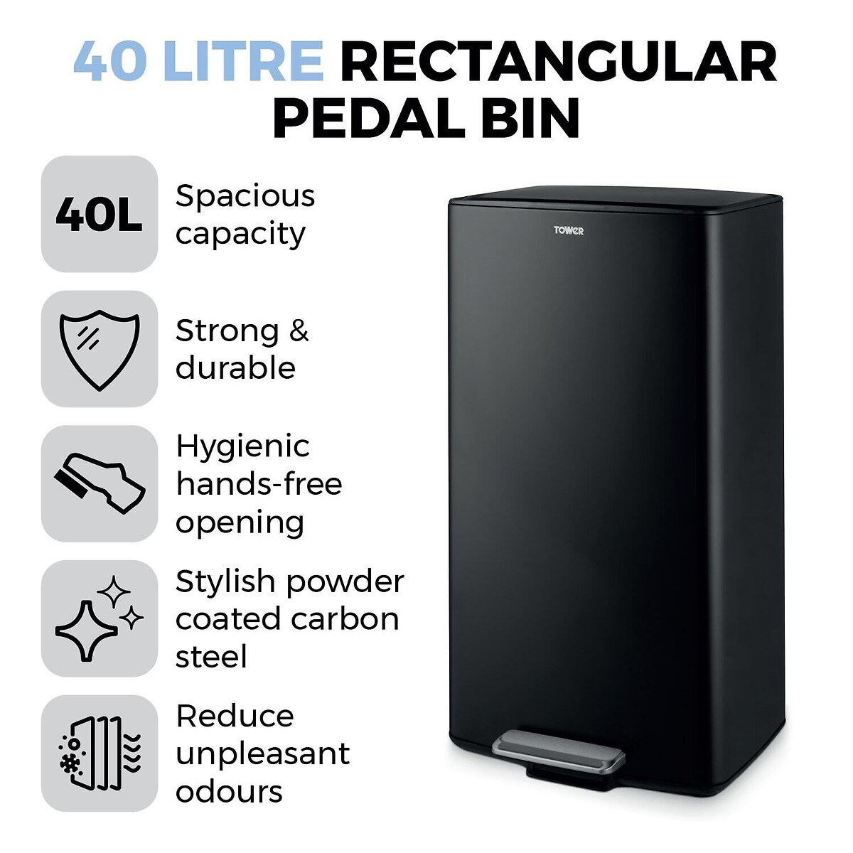40L Rectangular Pedal Bin black, TOWER
