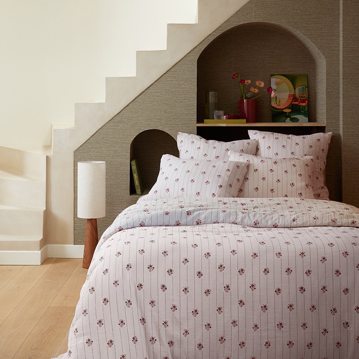 Parure de lit imprimée en gaze de coton, taies rectangles, ŒILLETS D'ORIENT rose clair, ESSIX