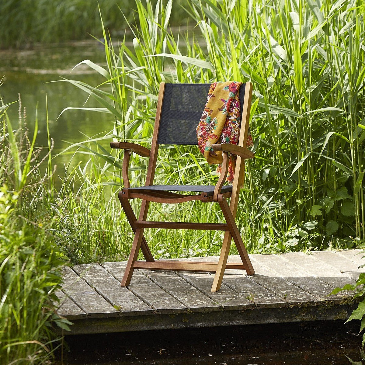 Fauteuil de jardin en acacia et textilène pliant HANOÏ noir, BERAH GETAH