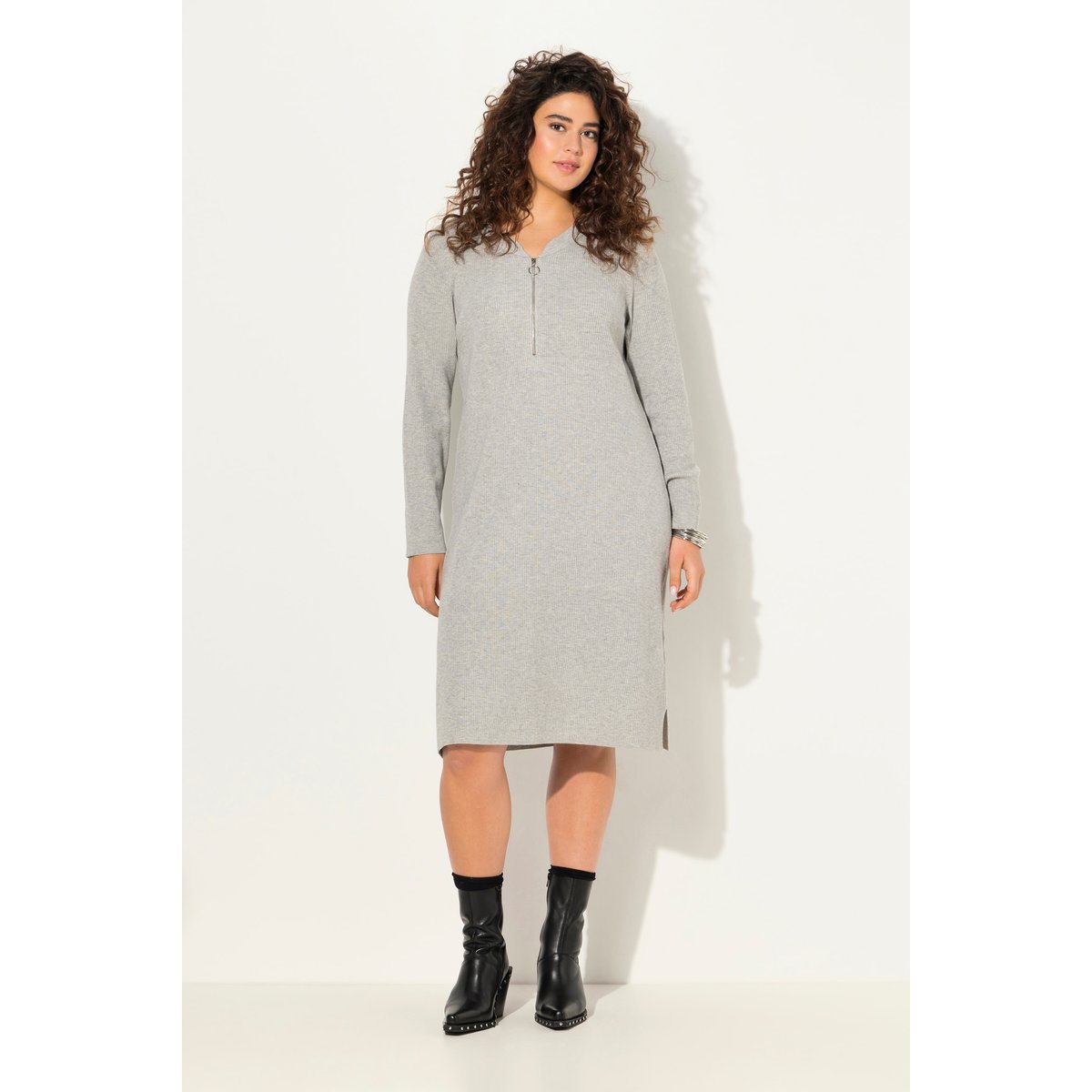Robe midi en jersey bord-côte, coupe évasée gris clair chiné, ULLA POPKEN