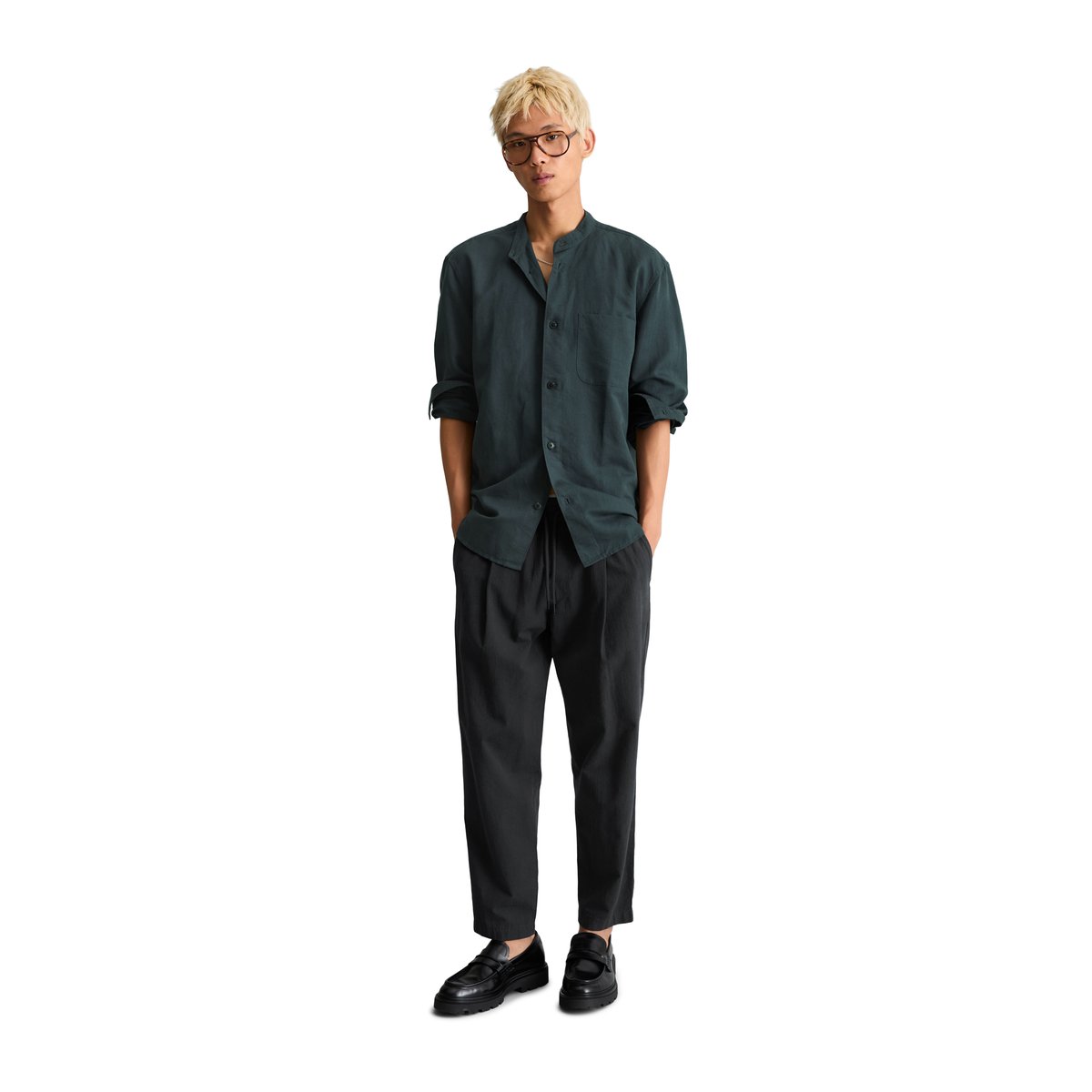 Chemise à col droit regular en lin et en coton bio bleu foncé, MARC O’POLO DENIM