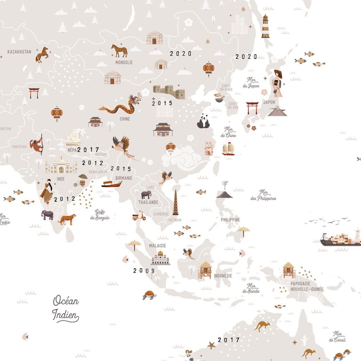 Affiche Carte du monde marron, beige, blanc, LES PETITES DATES