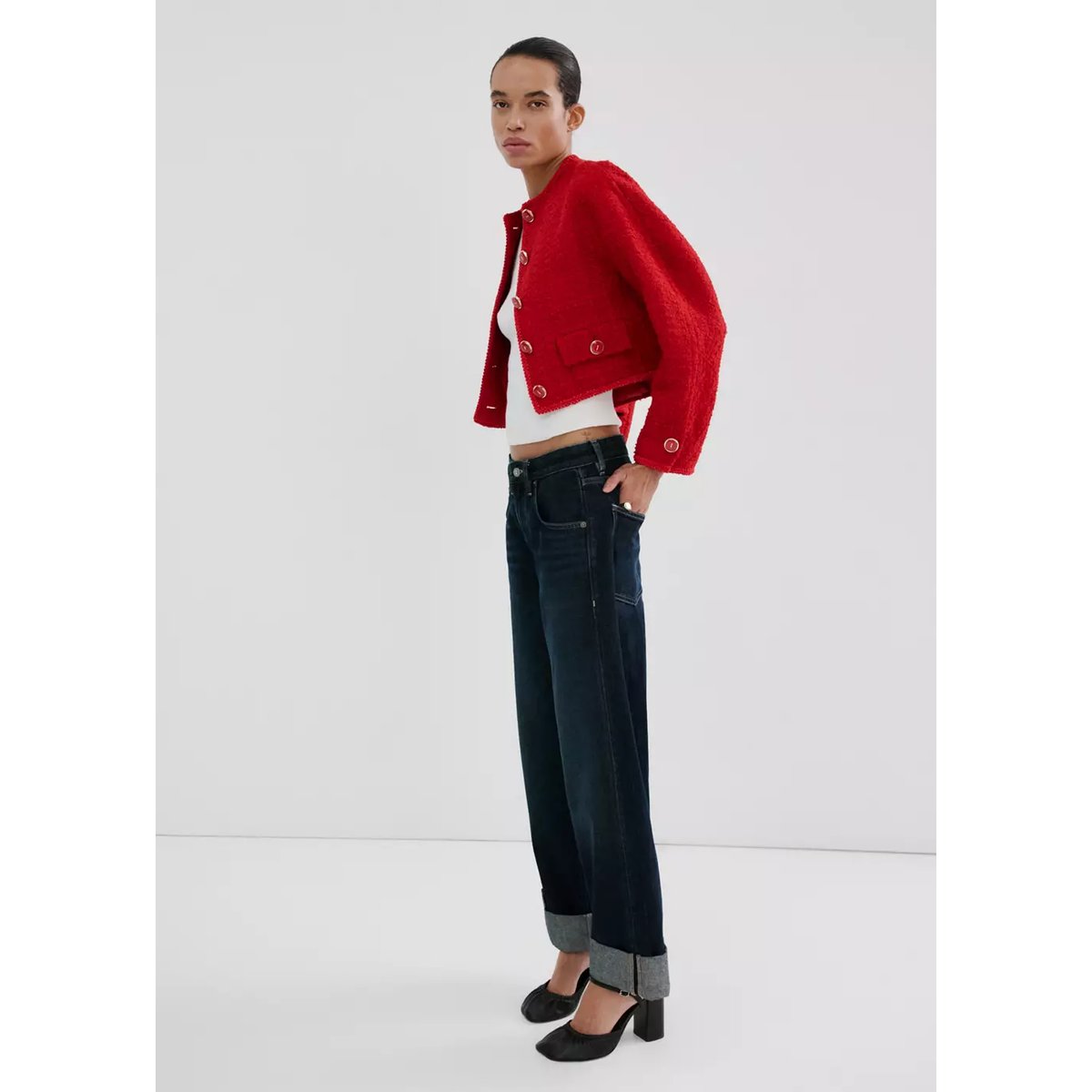 Veste tweed boutons bijoux rouge, MANGO