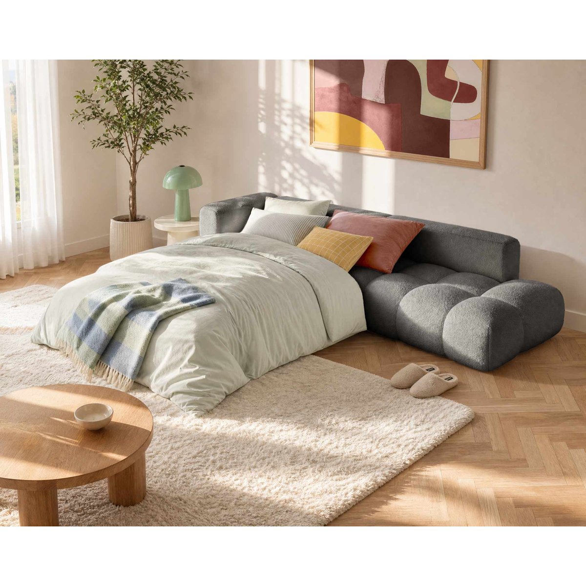 Canapé d'Angle Convertible en Tissu bouclette 5 places - YULIN gris, BEST MOBILIER