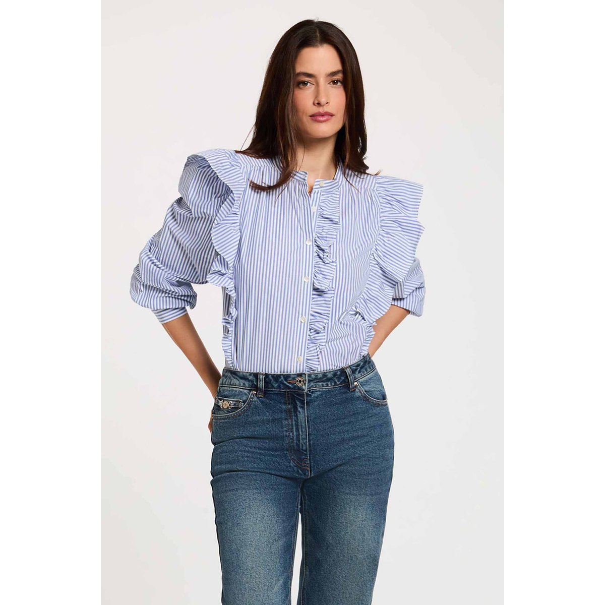 Chemise rayée col mao bleu ciel, MORGAN