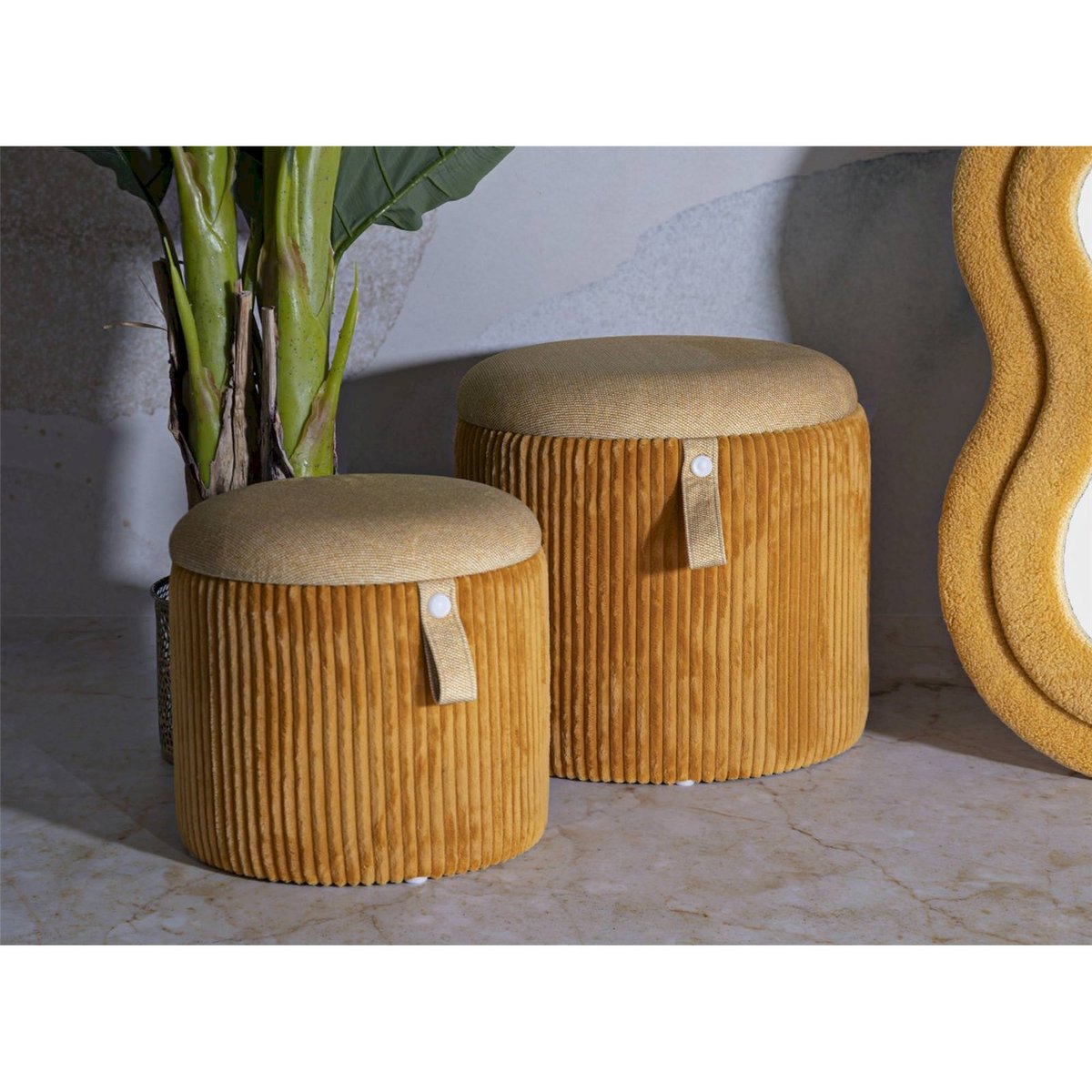 Lot de 2 poufs coffres ronds MODERN moutarde, RECOLLECTION