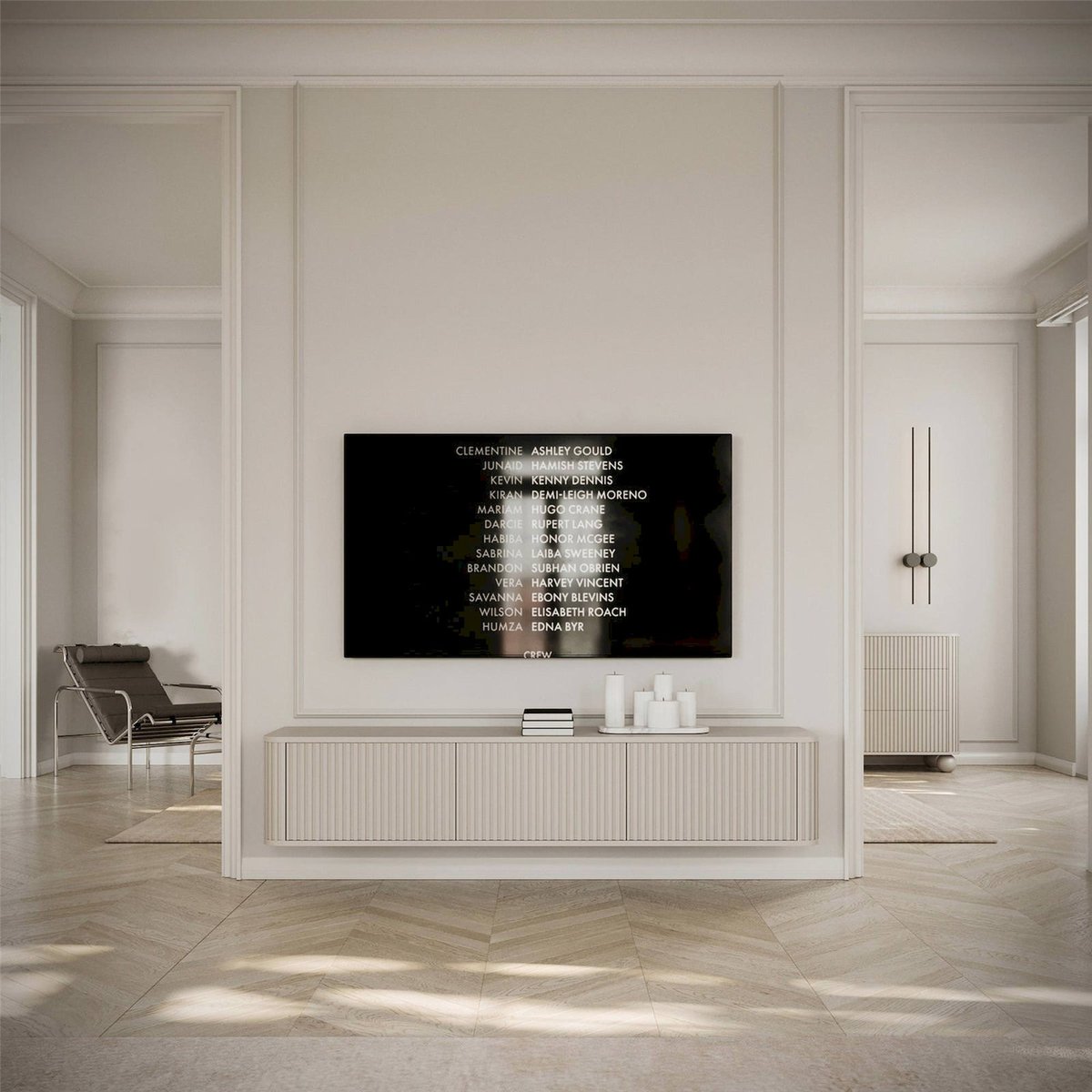 Meuble tv suspendu rainuré OVARLO 3 portes noir egger u999, RECOLLECTION