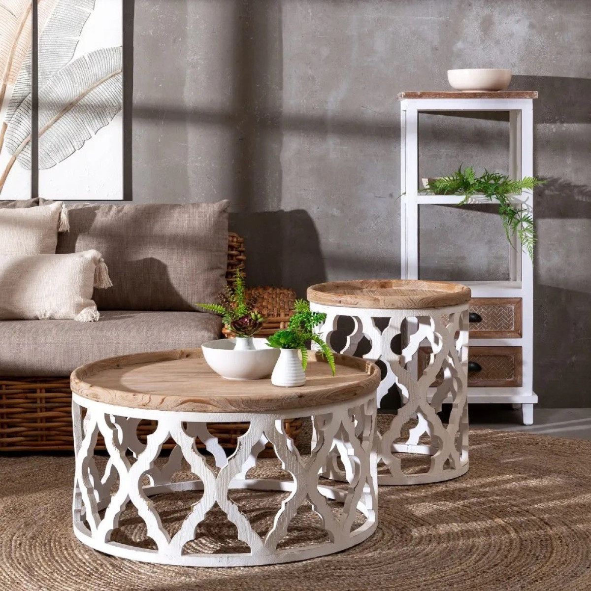 Table basse en bois patiné - ROUNDY blanc, MATHI DESIGN