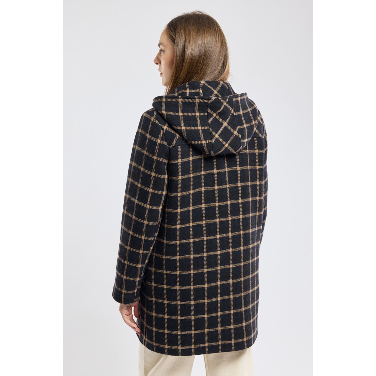 Duffle-coat à carreaux en drap de laine carreaux marine/beige, ARMOR-LUX