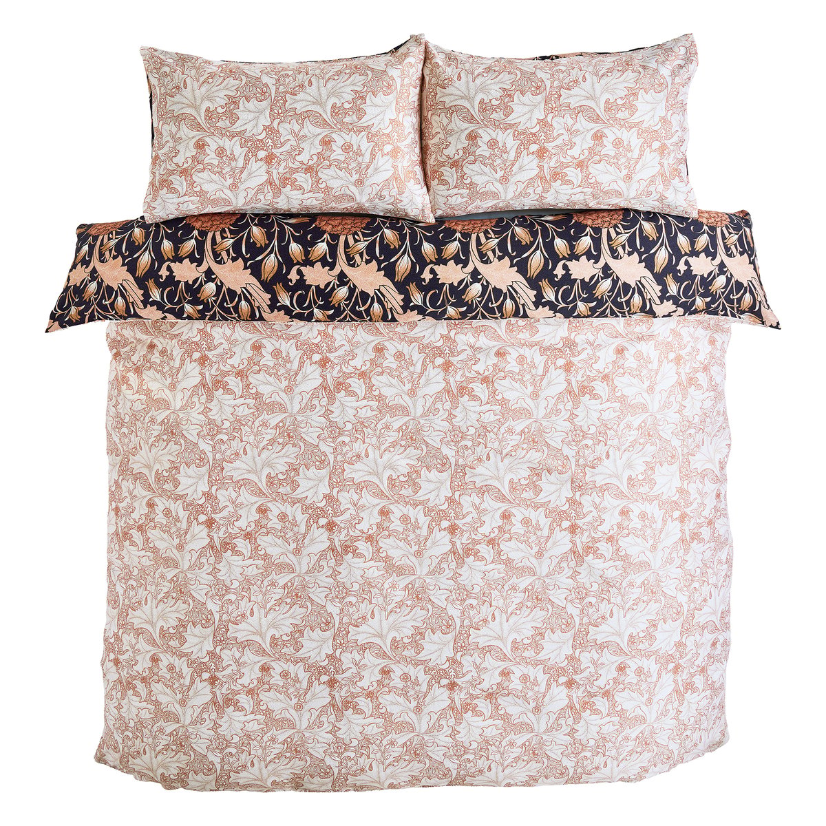 Parure de lit, housse de couette fleurie + 2 taies pour lit en 140 Pivoines et tulipes sauvages bleu, rose cuivré et orange safrané, WILLIAM MORRIS AT HOME