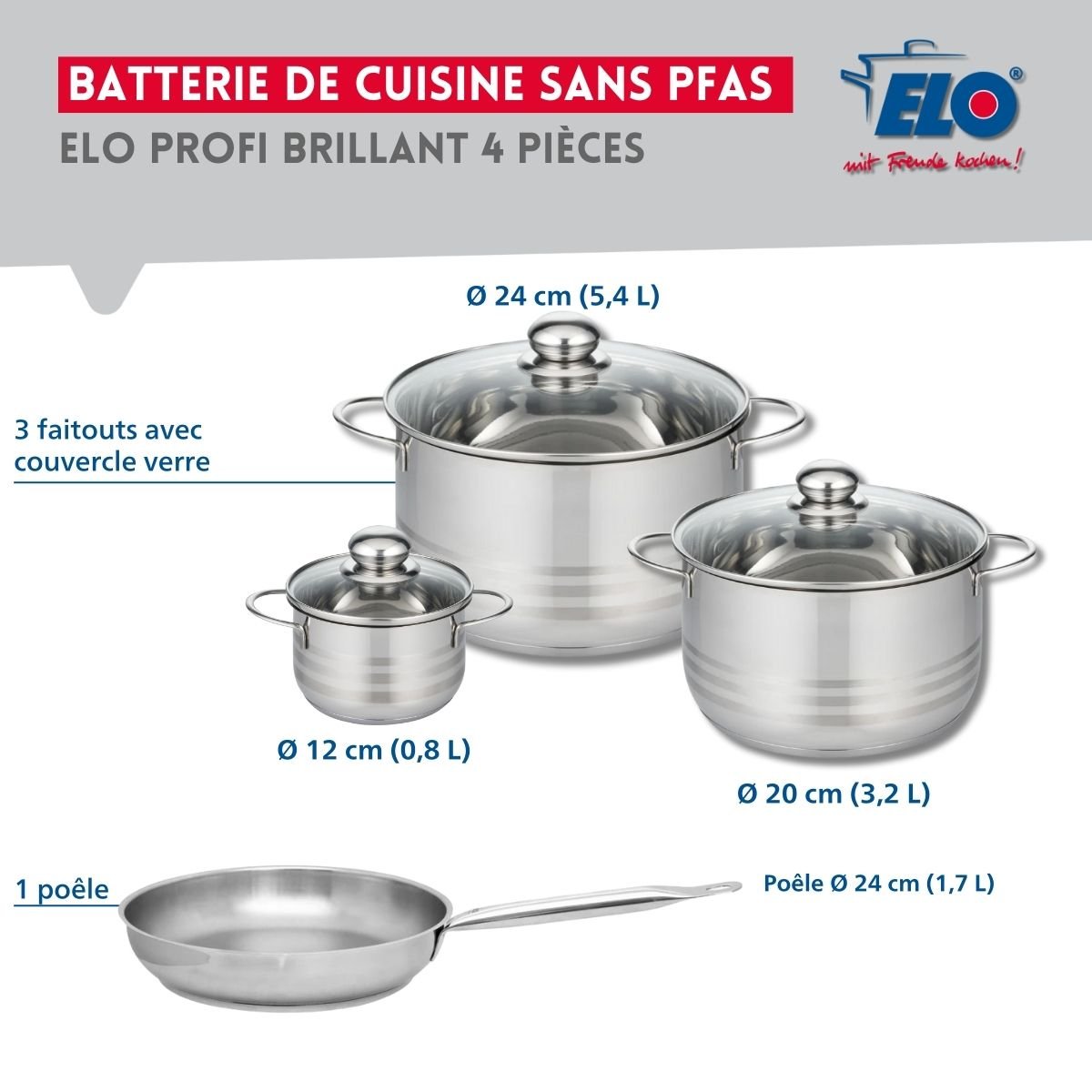 Batterie 1 poêle 24cm + 3 faitouts 12/20/24cm PROFI BRILLANT gris, ELO
