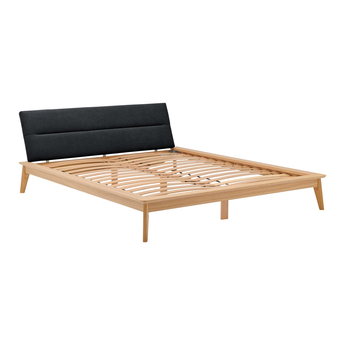 Lit bois avec tête de lit tissu Atia gris foncé, CAMIF