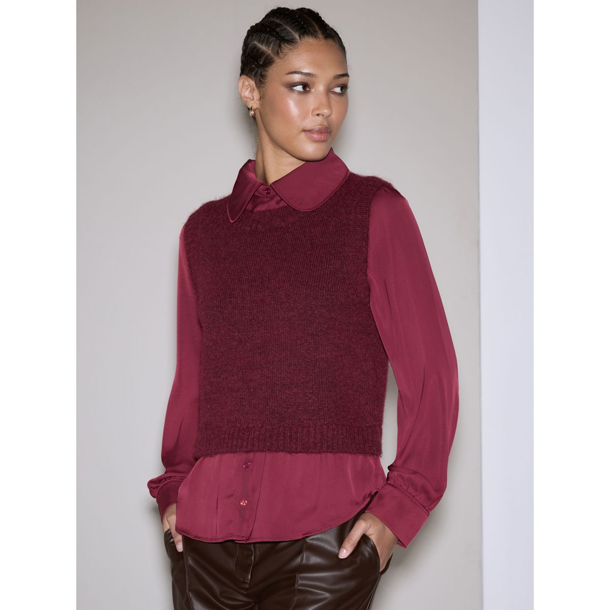 Débardeur en maille à col de chemise satin rouge bordeaux, NEXT