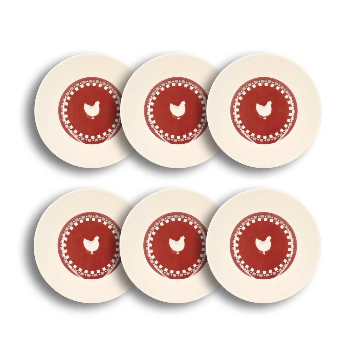 Lot de 6 assiettes creuses en grès 20cm, GALLINA blanc-gris-rouge, NOVASTYL