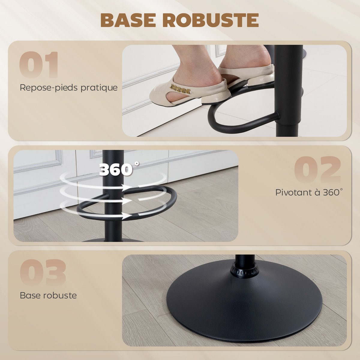 Tabouret de bar Revêtement synthétique PU crème, noir, HOMCOM