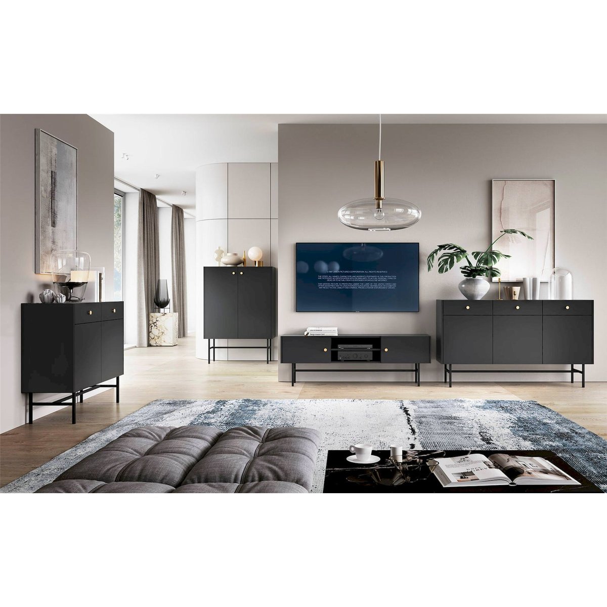 Buffet 3 portes avec tiroirs DIVENOS noir mat, RECOLLECTION
