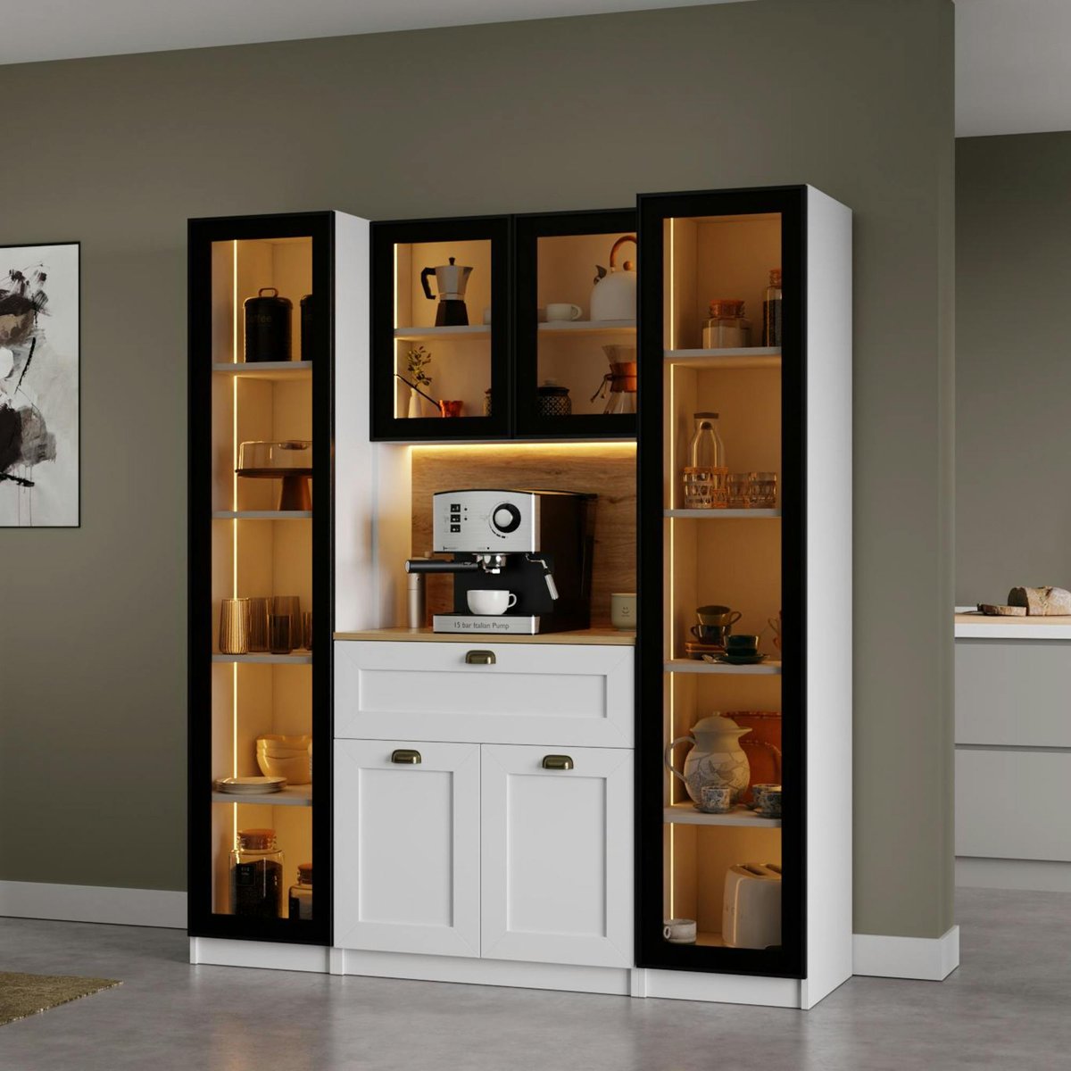 Vaisselier de cuisine à LED 6 portes décor blanc et noir AURA blanc, PIER IMPORT