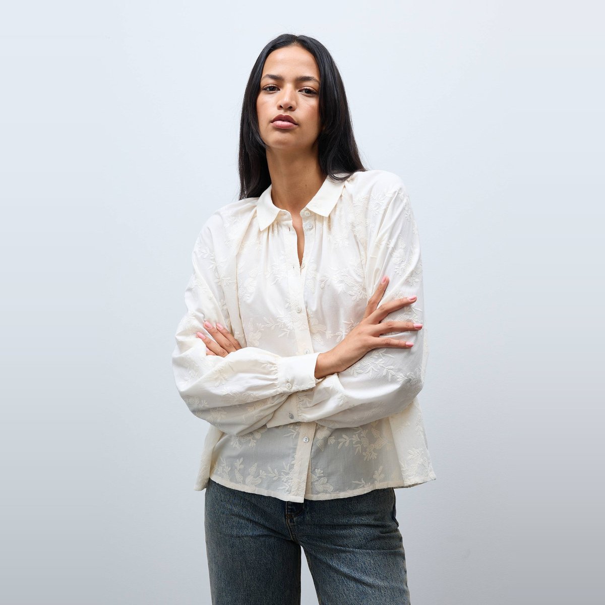 Chemise manches longues brodée en coton BIO GOTS ecru, MONOPRIX