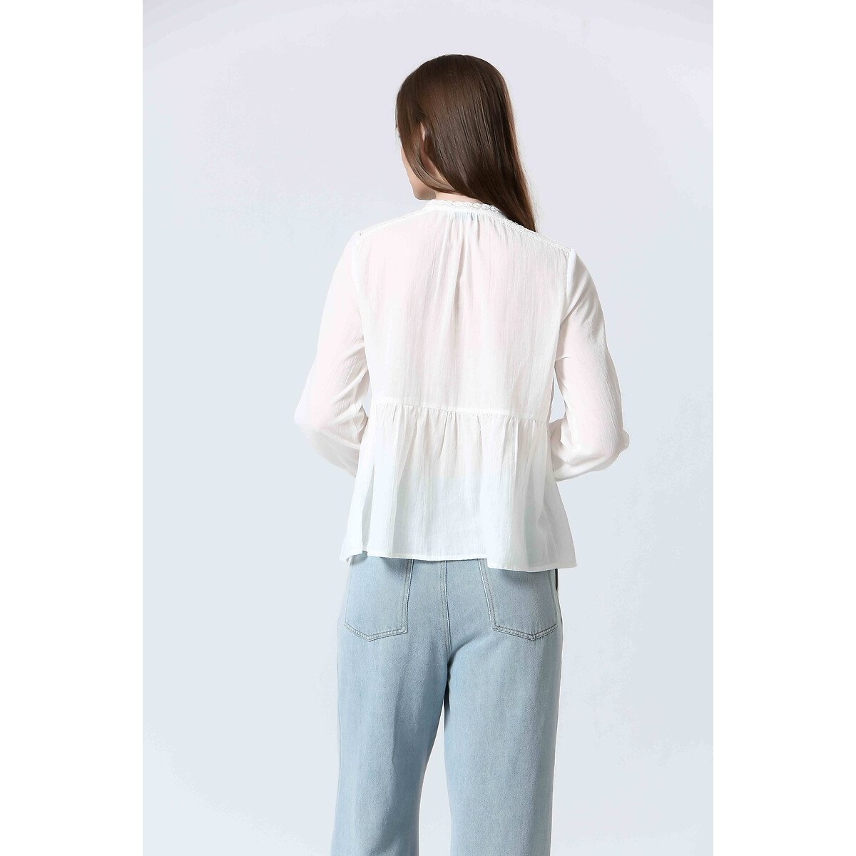 Long Sleeve Blouse with Lace Detail ecru , SEE U SOON
