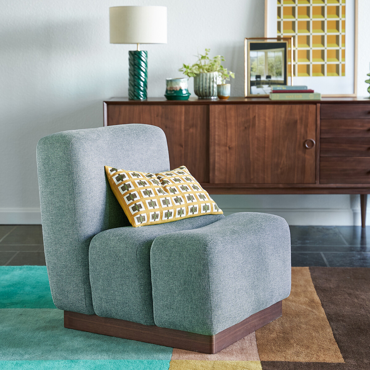 Fauteuil bas tissu texturé Podo bleu, LA REDOUTE INTERIEURS