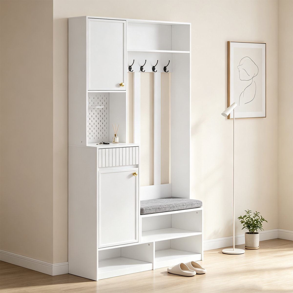 Vestiaire d'entrée avec banc et rangement, PORTER-B blanc, MEUBLES COSY