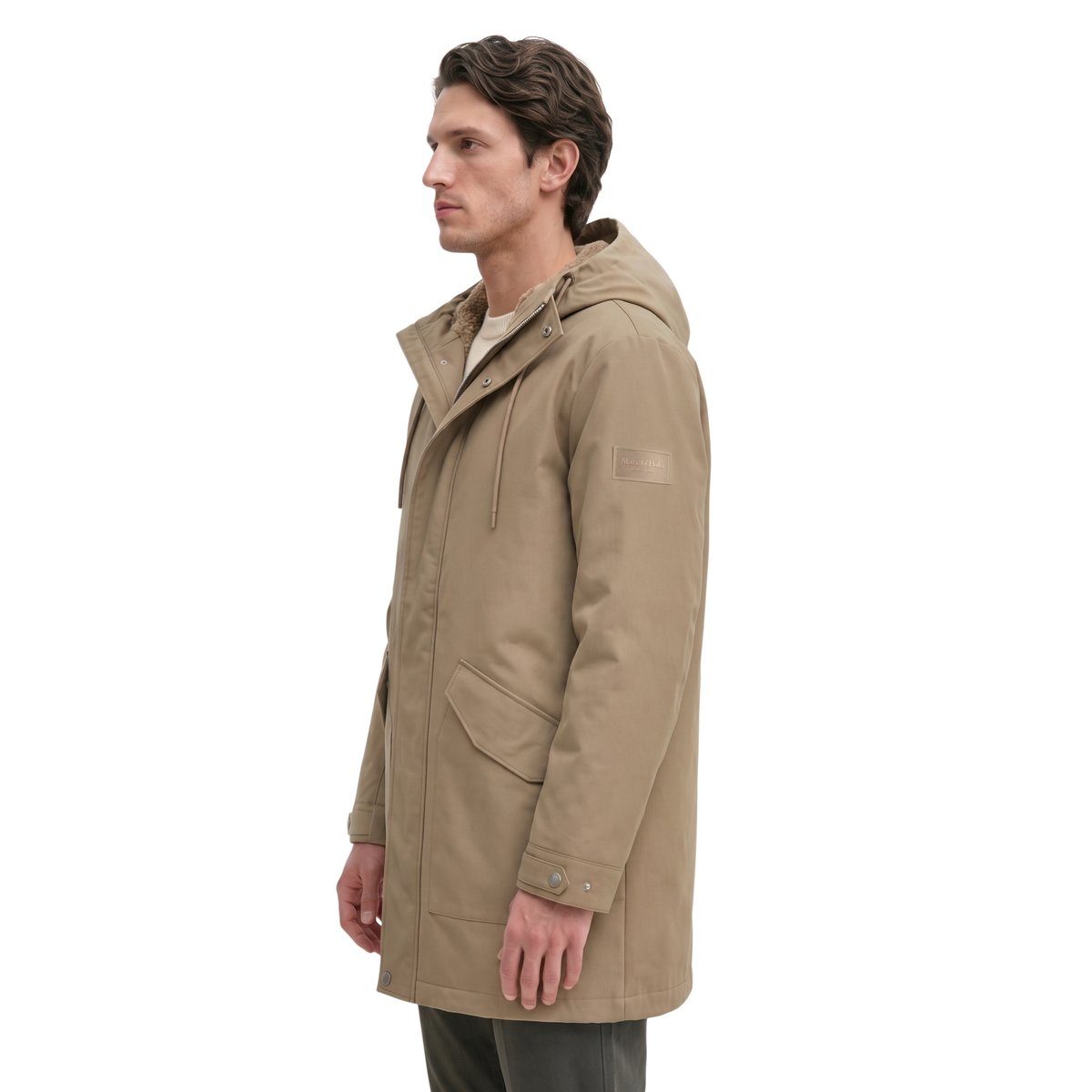 Veste à capuche en toile, coupe regular avec doublure en peluche et rembourrage en Unifi REPREVE® beige, MARC O'POLO