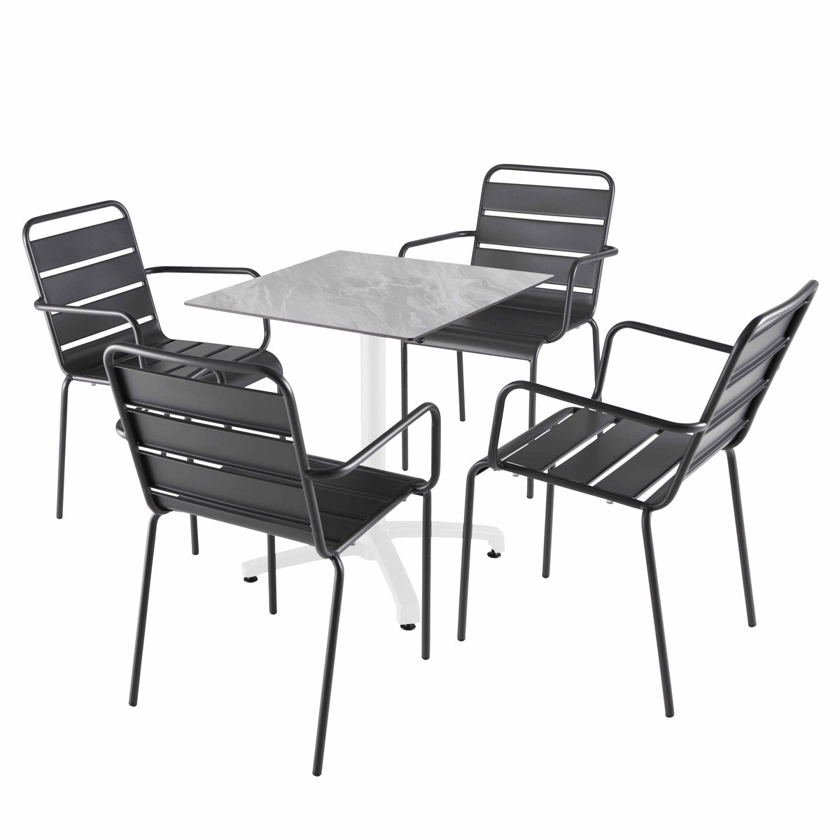 Table en HPL inclinable pied blanc et 2 chaises en métal, OPERA marbre, OVIALA