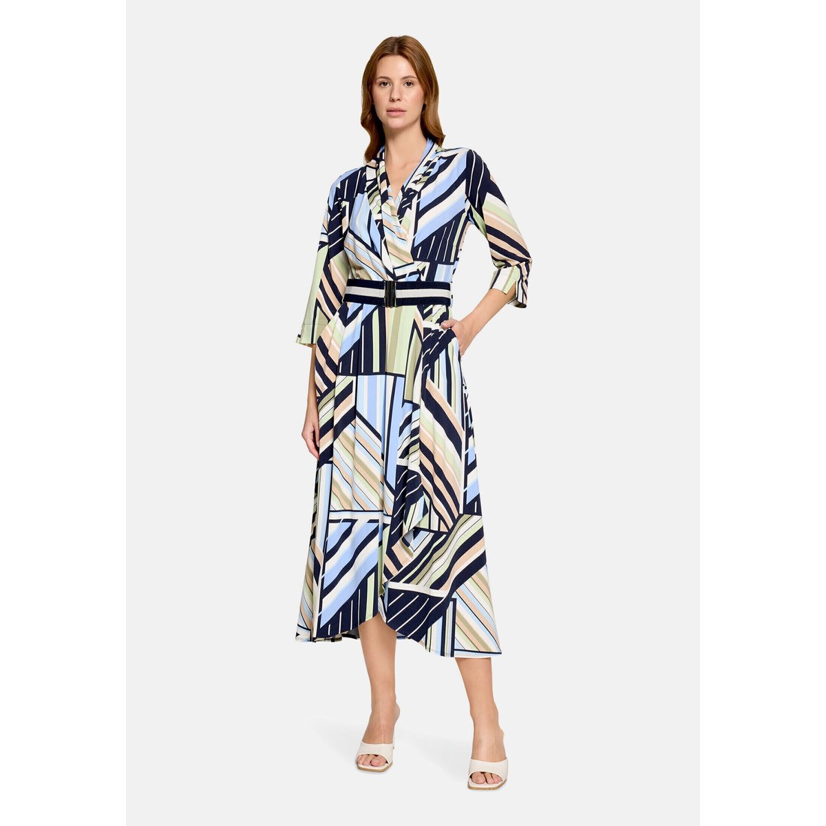 Robe longueur midi à volant bleu/vert, BETTY BARCLAY