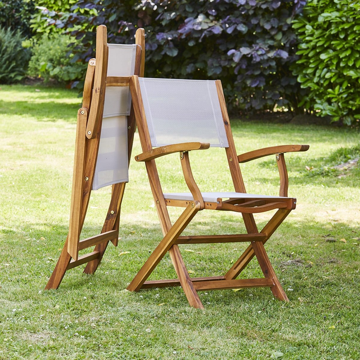Fauteuil de jardin en acacia et textilène pliant HANOÏ gris, BERAH GETAH