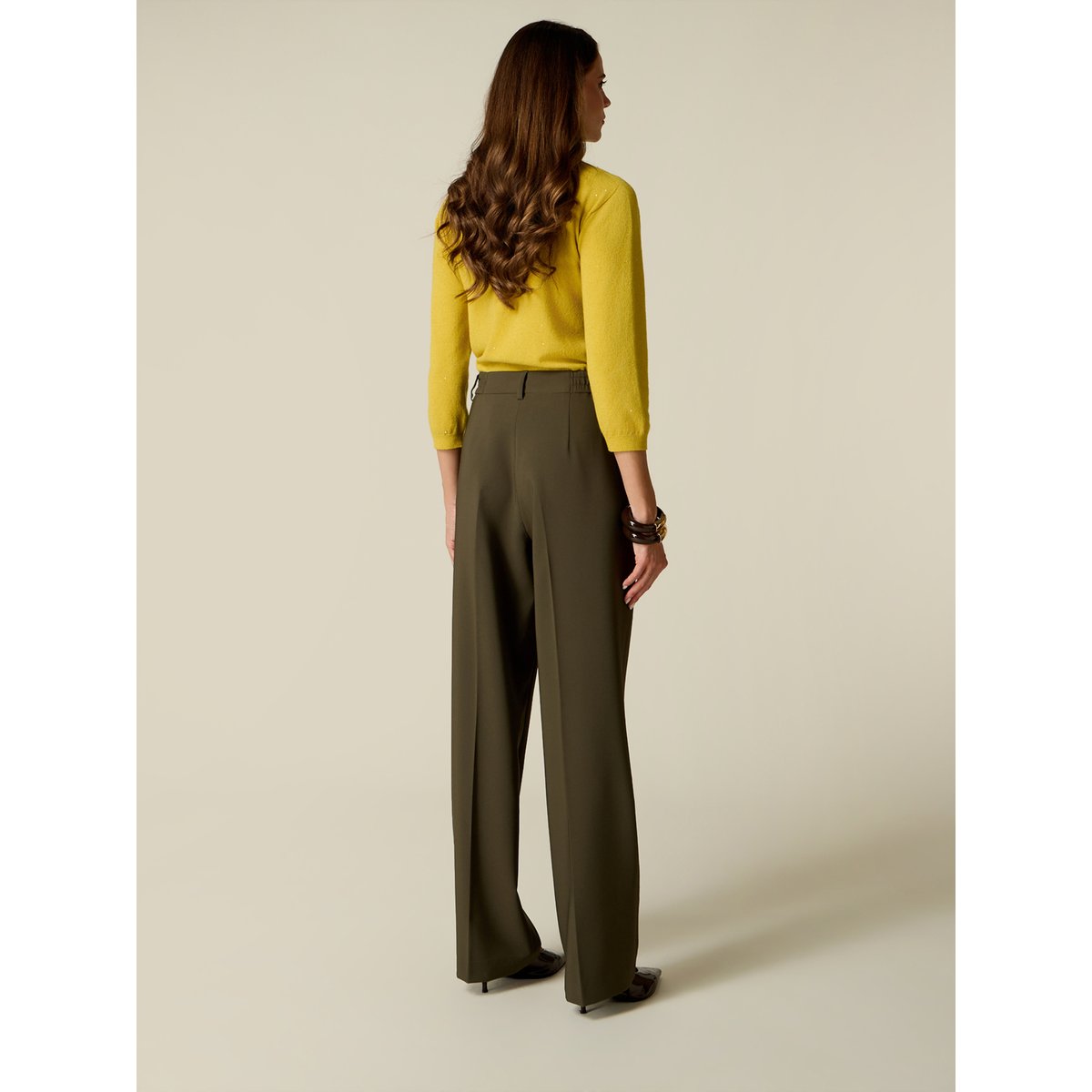 Pantalon palazzo tailleur à pinces verde militare, OLTRE