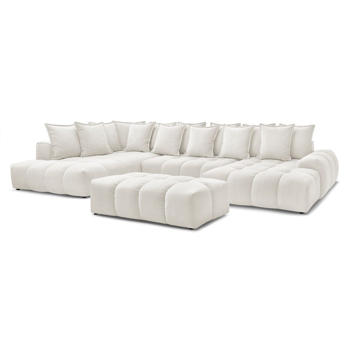Canapé panoramique convertible 7 places en tissu texturé avec pouf, EVEREST blanc, BOBOCHIC