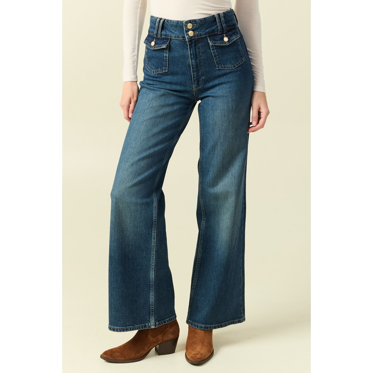 Jeans bootcut taille haute bleu, BONOBO