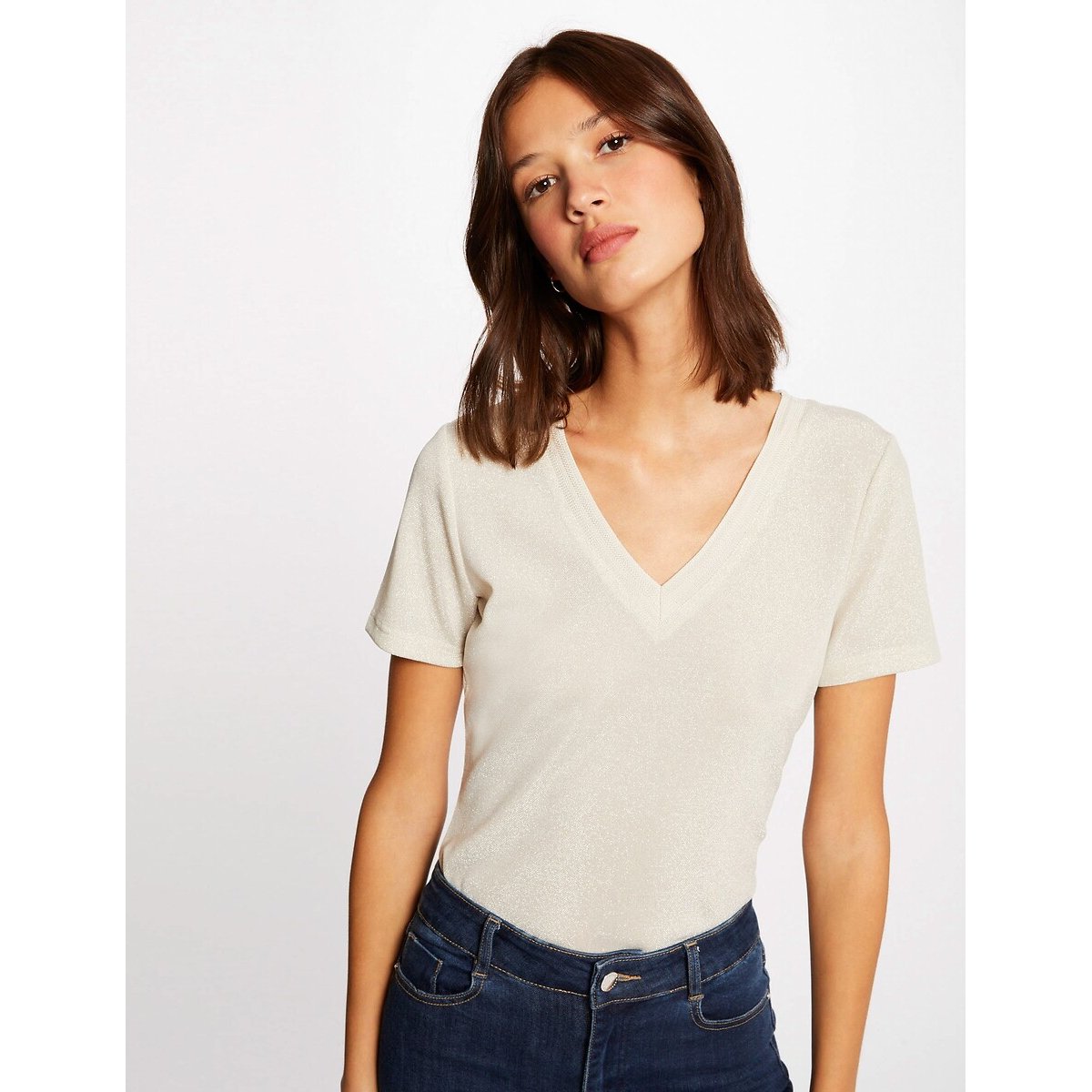 T-shirt manches courtes, col V, avec fibres métallisées ecru, MORGAN