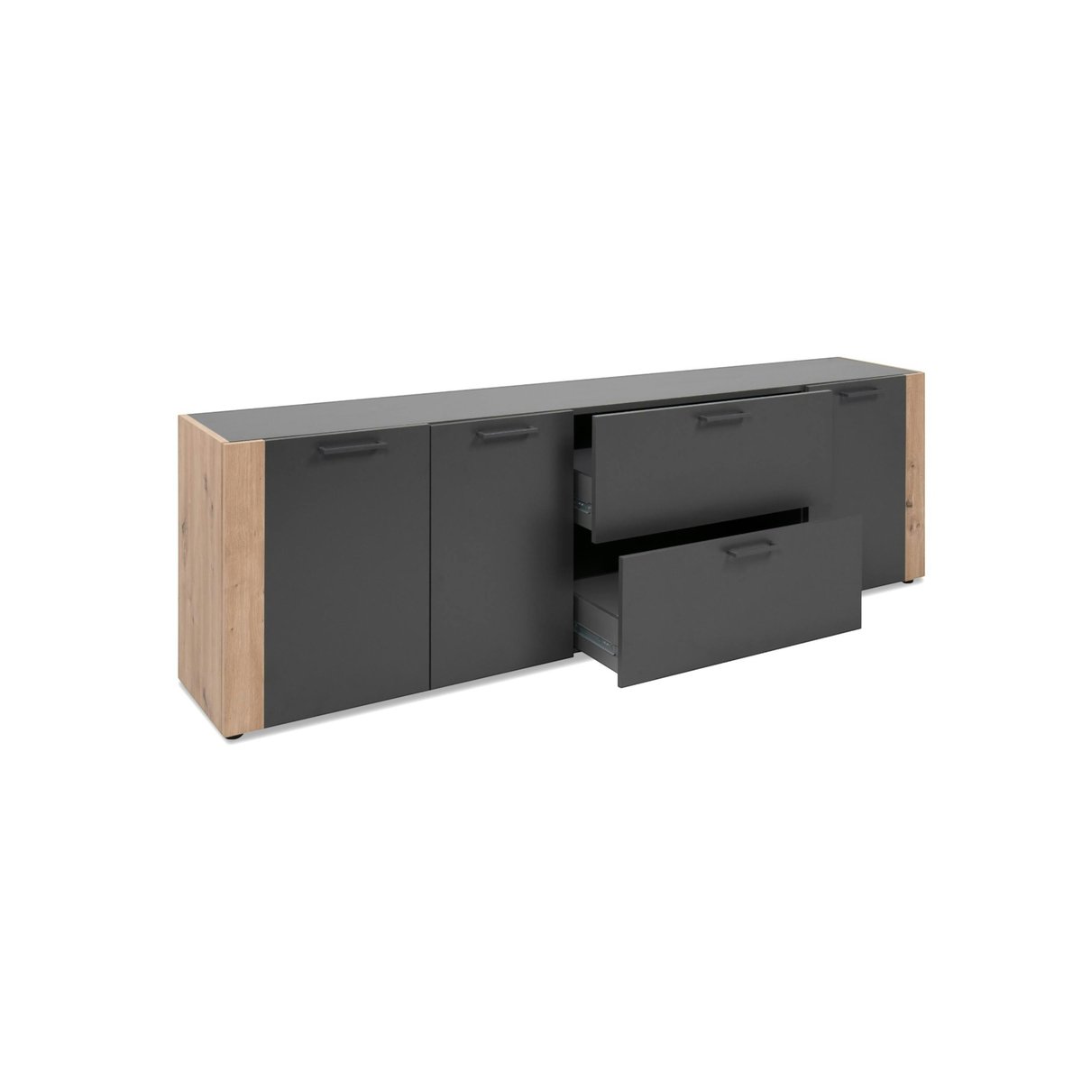 Long meuble TV gris foncé 3 portes 2 tiroirs ALVA bois naturel, PIER IMPORT