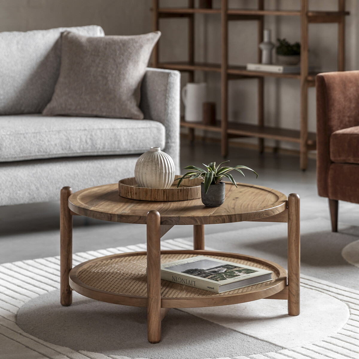 Chico Round Acacia Coffee Table with Rattan Shelf natural, ÉDITÉ