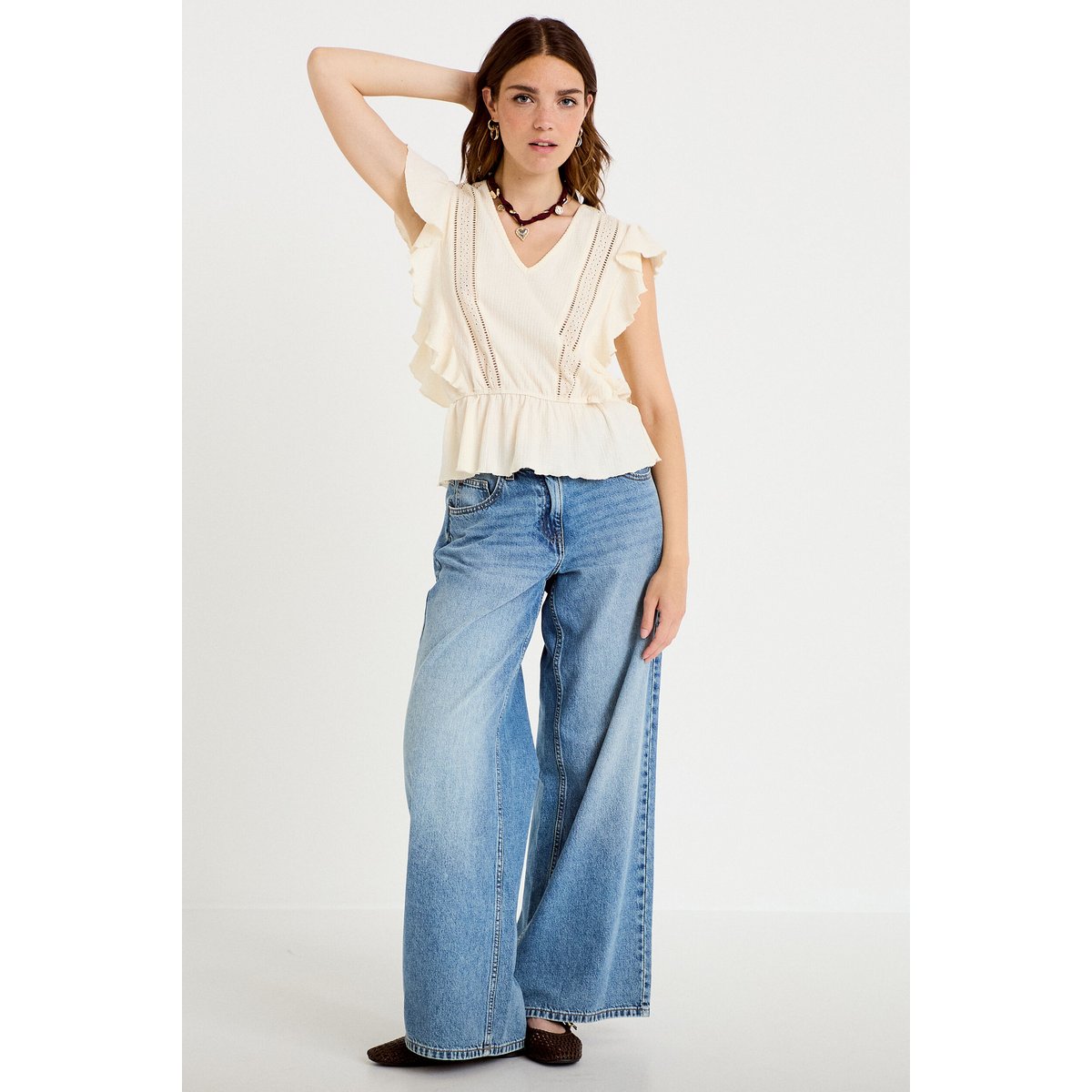 Blouse col rond manches courtes dentelle ecru, CACHE CACHE