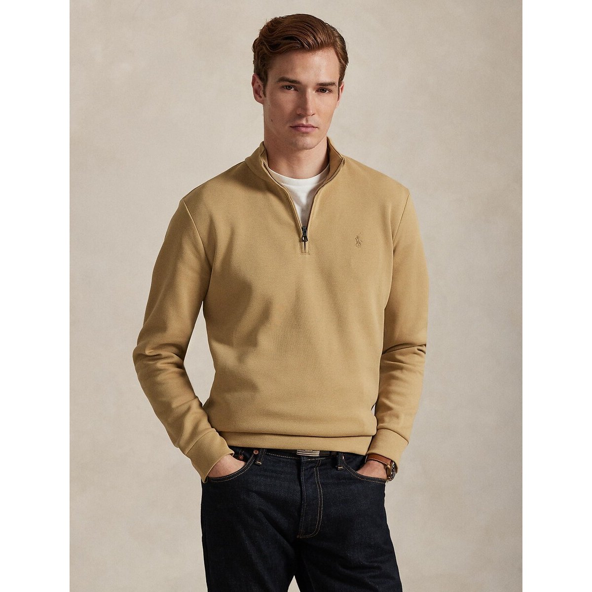 Pull à col cheminée en maille double camel, POLO RALPH LAUREN