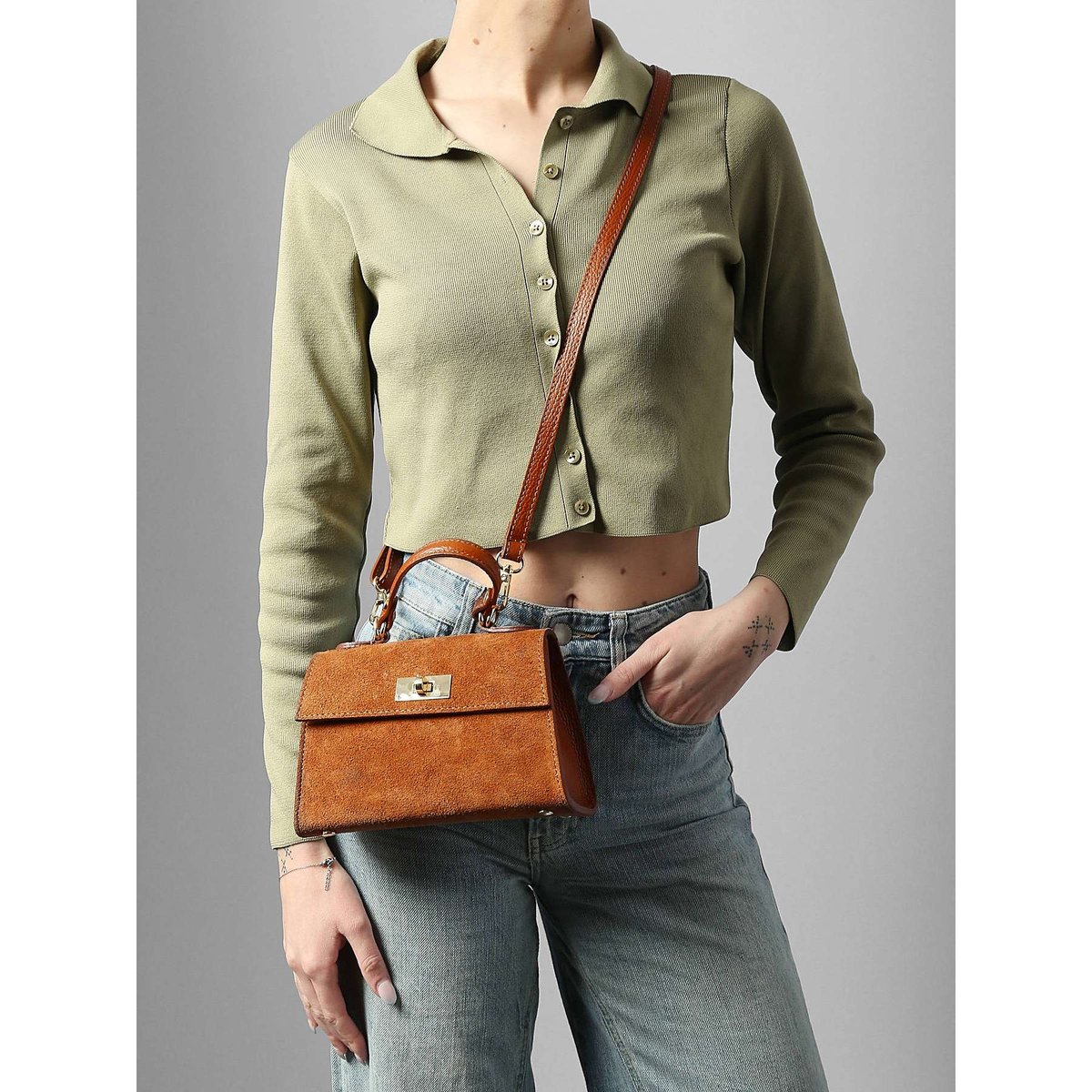 Sac porté épaule Velvet caviar cuir cuoio scuro, MILANO