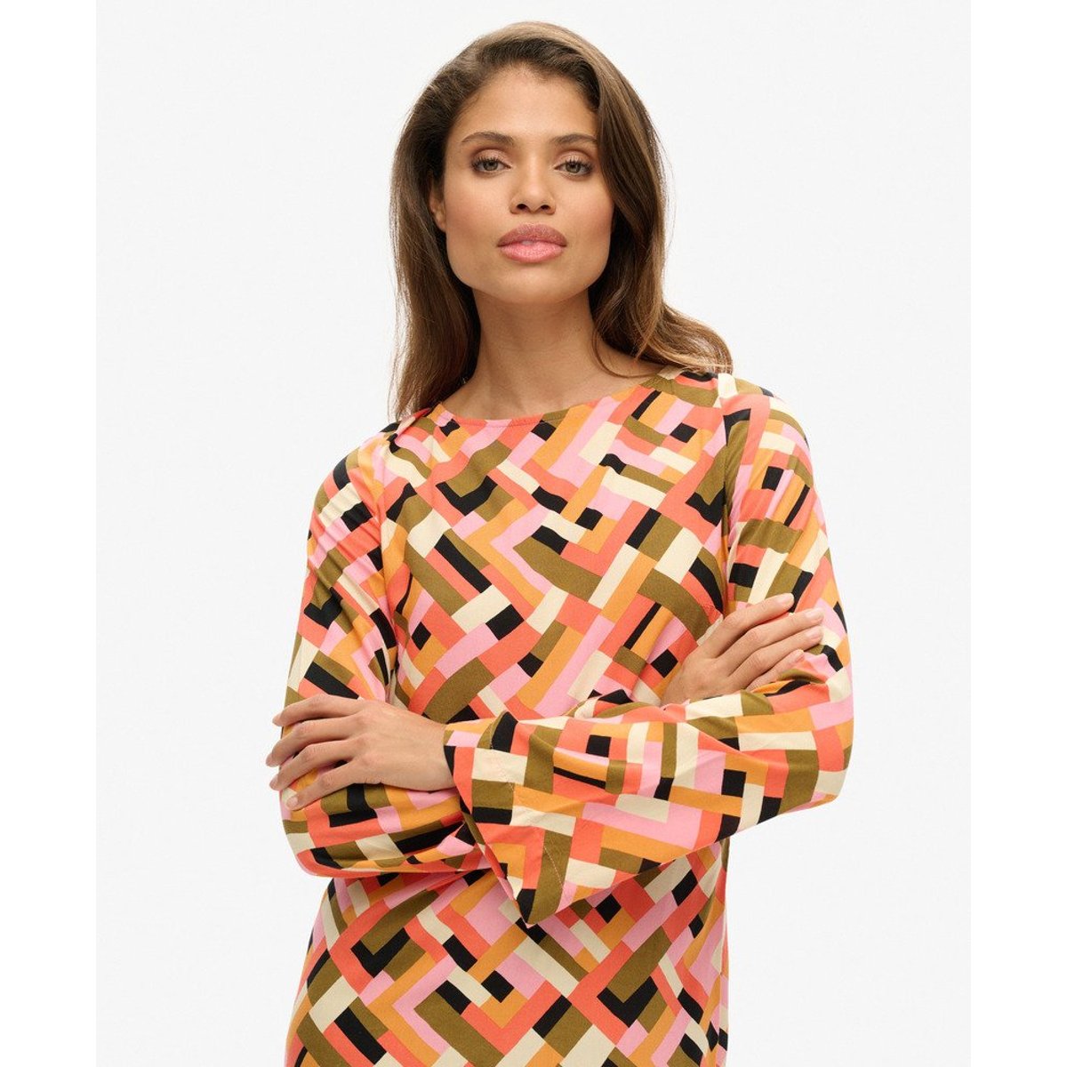 Robe courte imprimée dos ouvert quilt geo orange, SUPERDRY